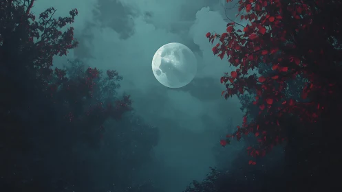 Moonlit forest canopy under misty clouds at midnight.