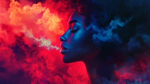Profile portrait shows blue-lit face amid red and blue smoke