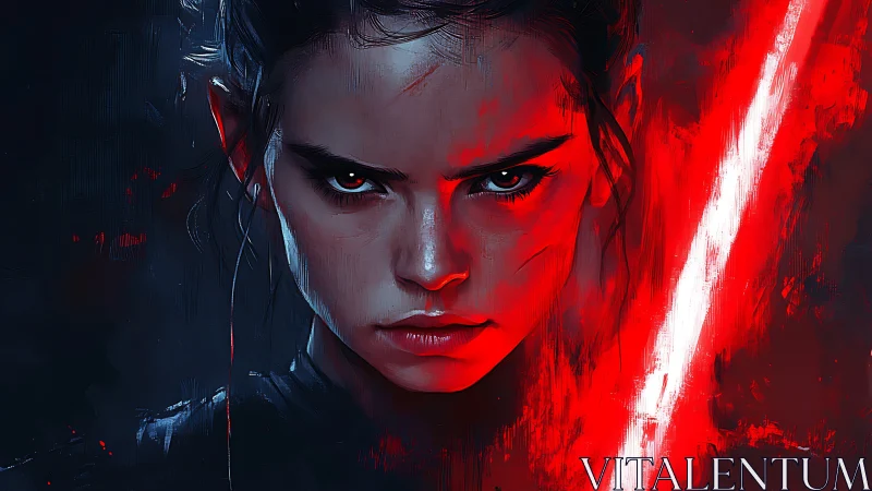 Fierce young warrior framed in electric crimson light.