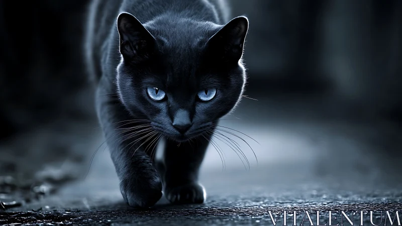 Midnight Prowler: Sleek Black Cat with Piercing Blue Gaze.
