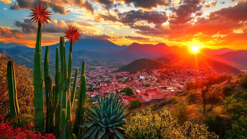 Vivid desert town sunset over mountains and cactus ridge.