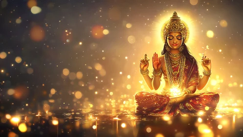 Hindu goddess figure in lotus pose amid golden lights.