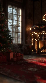 Christmas tree glows in a warmly lit rustic living room.