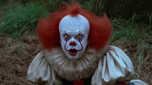 Terrifying clown lunges forward in a tense forest close up