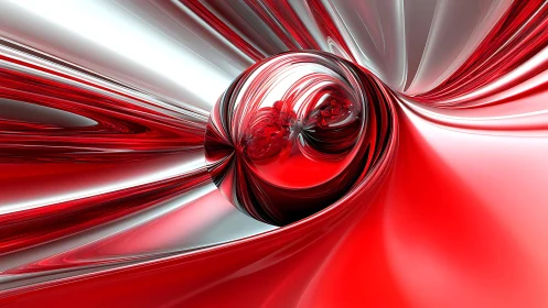 Red and Silver Abstract Swirl with Spherical Centerpiece, Digital Art.