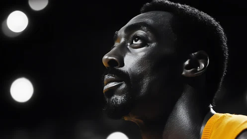 High-contrast sidelit portrait in dramatic arena lighting.