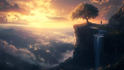 Solitary watcher on sunlit cliff above endless valley.