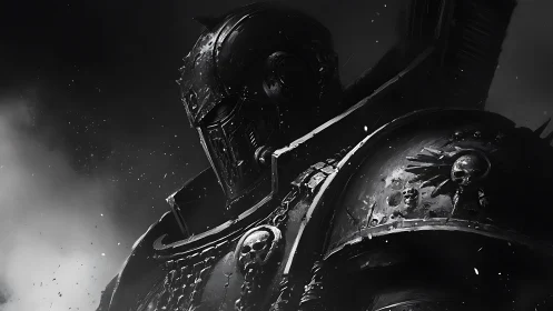 Shadowed armored warrior stands calm in drifting battle smoke