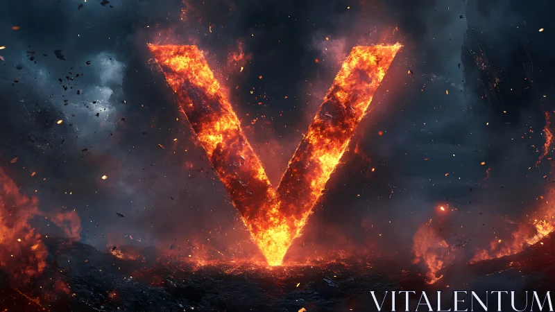 Molten letter V burning in a dark stormy landscape.