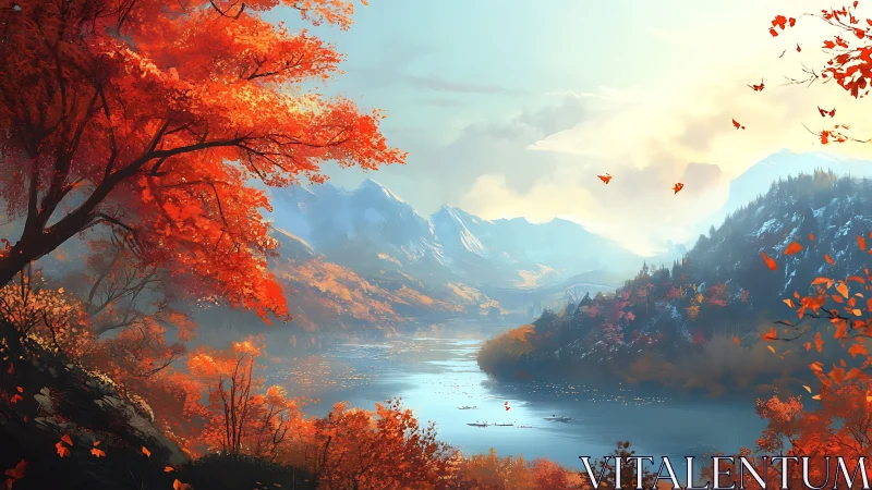 Scarlet river valley dreaming beneath first mountain frost.