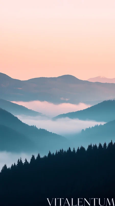 Soft dawn over misty blue mountains and quiet forest.