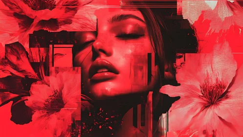 Red-toned digital portrait with floral and geometric overlays.