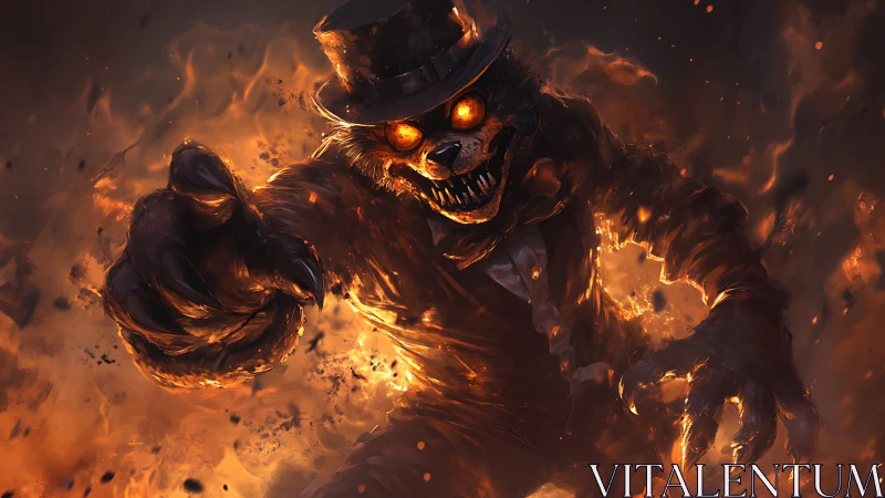 Demonic wolf humanoid in top hat emerges from infernal flames with glowing eyes