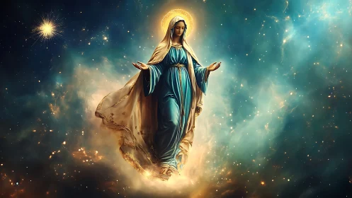 Celestial robed figure suspended in nebular stellar luminosity.