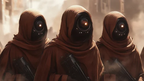 Desert cloaked sentinels quietly patrol with glowing glass eyes