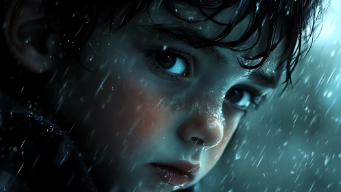 Close-up digital portrait of wet child in heavy rain.