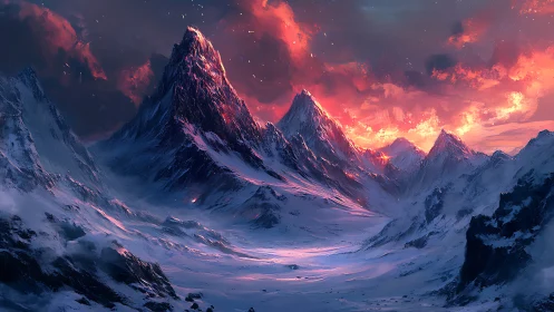 Fiery red sky over cold, snow covered mountain range.