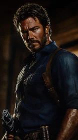 Cinematic gunslinger portrait under directional rim lighting.