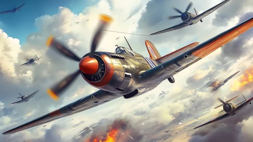 Storming warbirds carve dynamic paths through clouded skies.