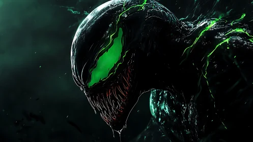 Eerie symbiotic creature glowing with fierce neon energy.