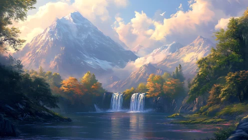 Mountain lake, tiered waterfall, and forest are depicted