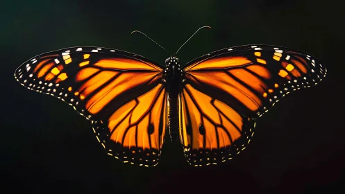 Monarch butterfly wings glowing against dark background.