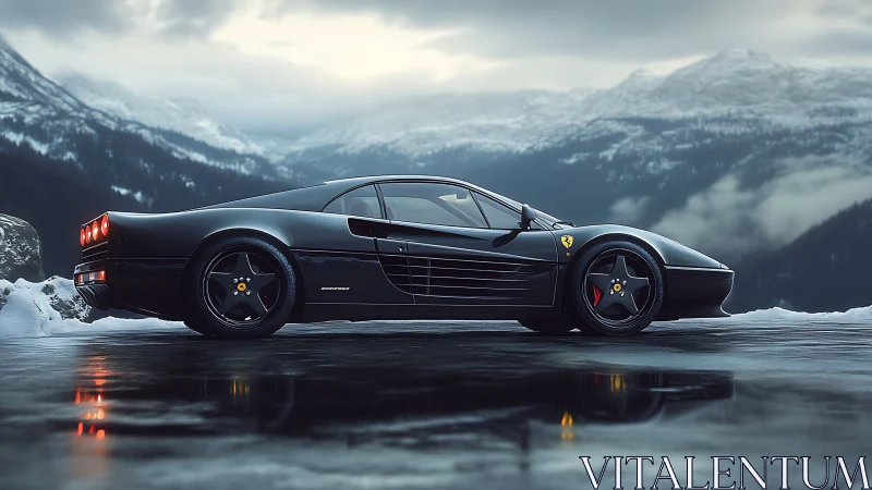 Sleek black sports car resting on a calm winter mountain road.