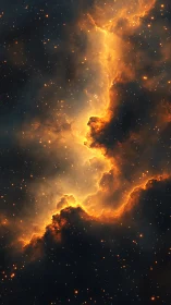 Fiery interstellar nebula divides dark starfield in space