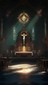 Sunlit crucifix dominates ornate gothic cathedral altar