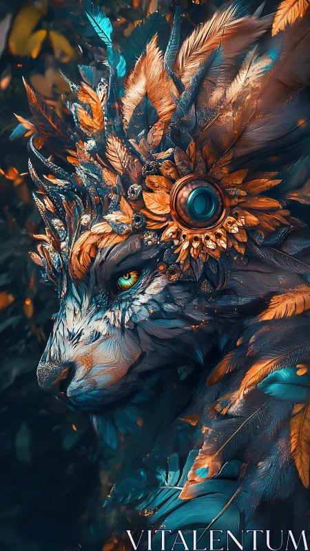 Mystic feathered wolf crowned in glowing woodland light.