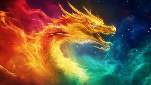 Radiant chromatic dragon rendered in luminous spectral flame