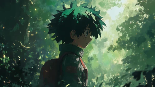 Quiet green-haired wanderer pausing in a sunlit forest.