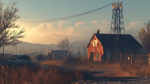 Sunlit red farmhouse resting quietly in a misty valley.