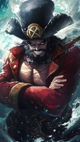 Bearded pirate captain in red coat amid stylized rough sea.