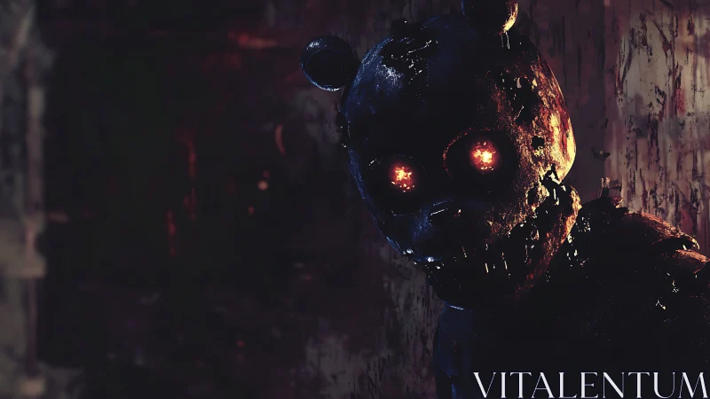 Burned animatronic bear stares with glowing fiery eyes.