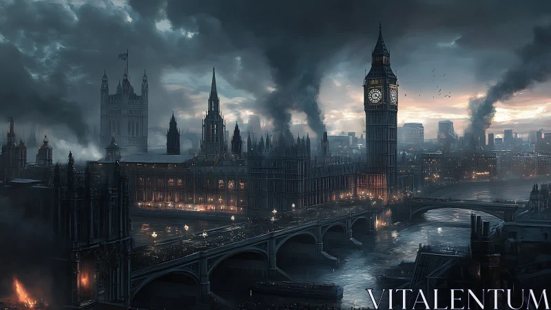 Dark ruined London skyline with burning Westminster scene.