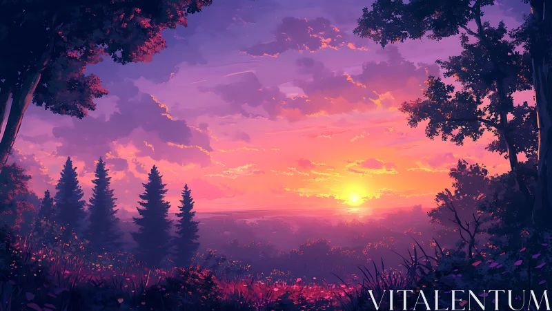 Vibrant digital forest sunset renders atmospheric depth