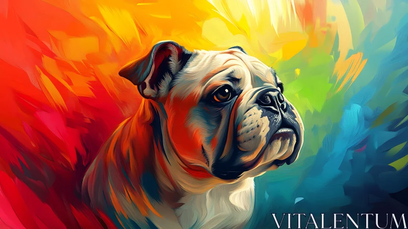 Color-drenched bulldog portrait glows in swirling light.