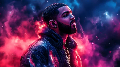 Digital portrait of male figure in neon smoke environment.