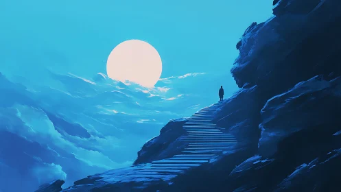 Solitary figure ascends luminous steps toward surreal horizon