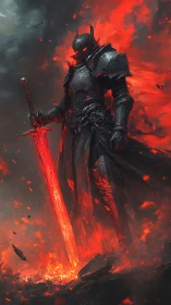 Armored dark knight holds molten sword in erupting fire
