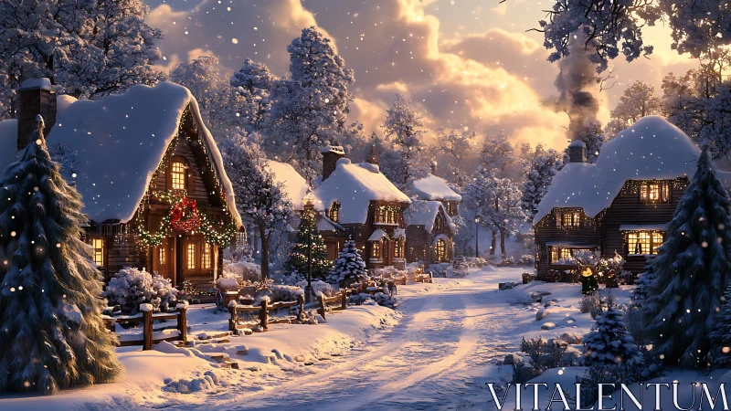 Snowy Christmas village glows under warm twilight sky.
