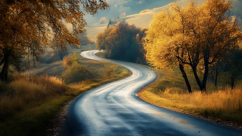 Curving autumn road under golden trees after rainfall.