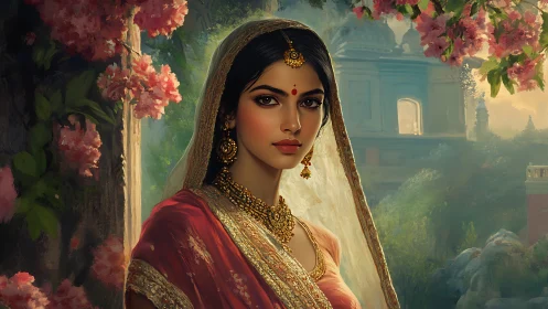 Temple garden light crowns the regal gaze of a bride