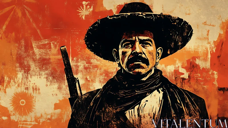 Stoic gunslinger stands tall against fiery orange backdrop.