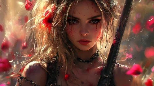 Battle-scarred warrior woman amid falling crimson petals.
