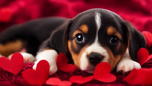Sweet Puppy Cuddles in Hearts.