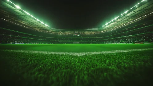 Illuminated football stadium interior shows empty green pitch