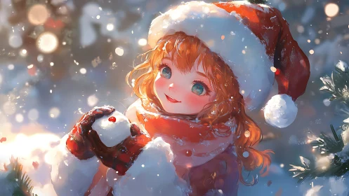 Snowlit girl in Santa hat cradling playful winter magic.