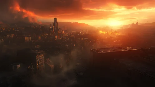 Fiery sunset glows over a quiet, ruined industrial cityscape
